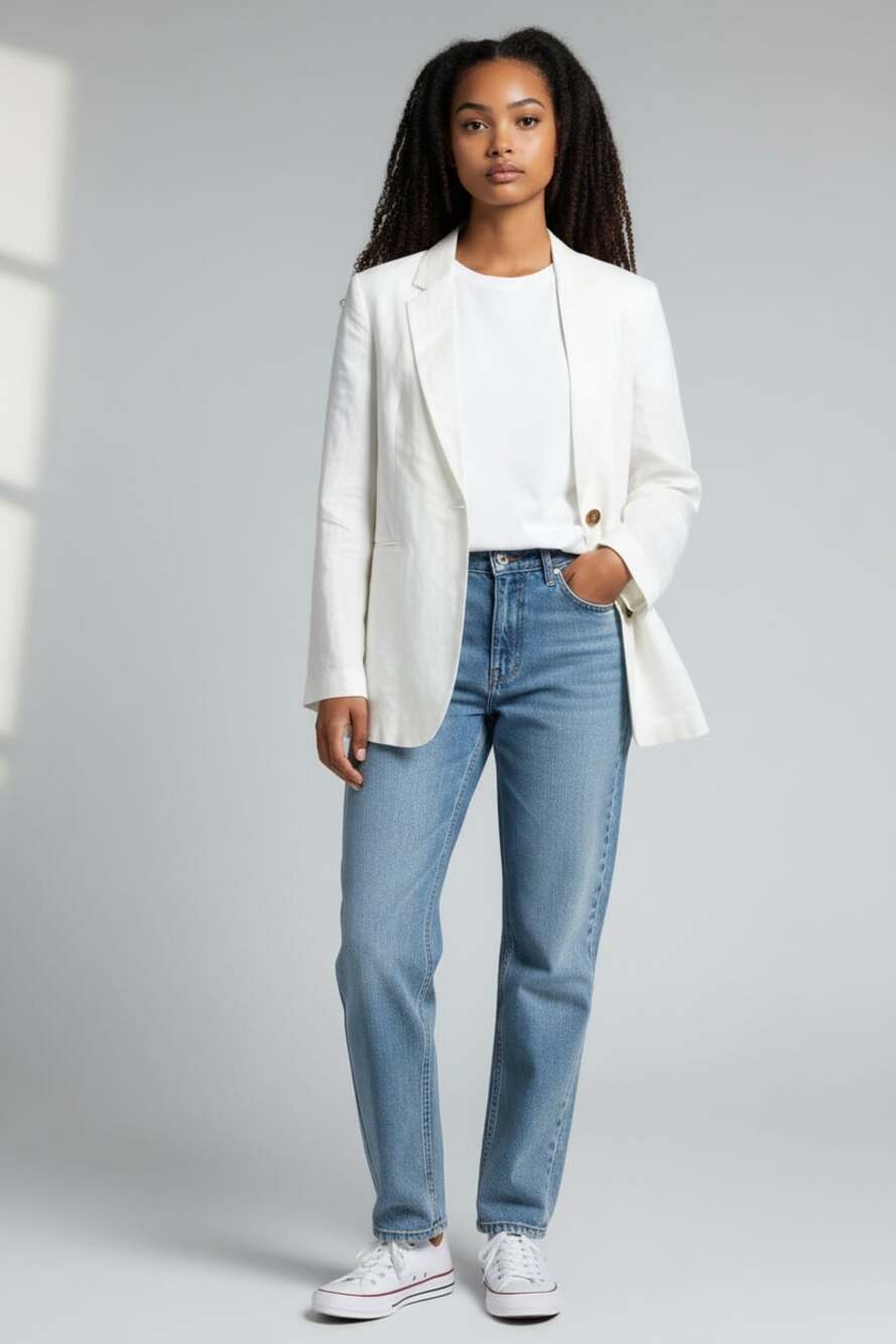 H&M White Linen Blend Single-Button Blazer Size L